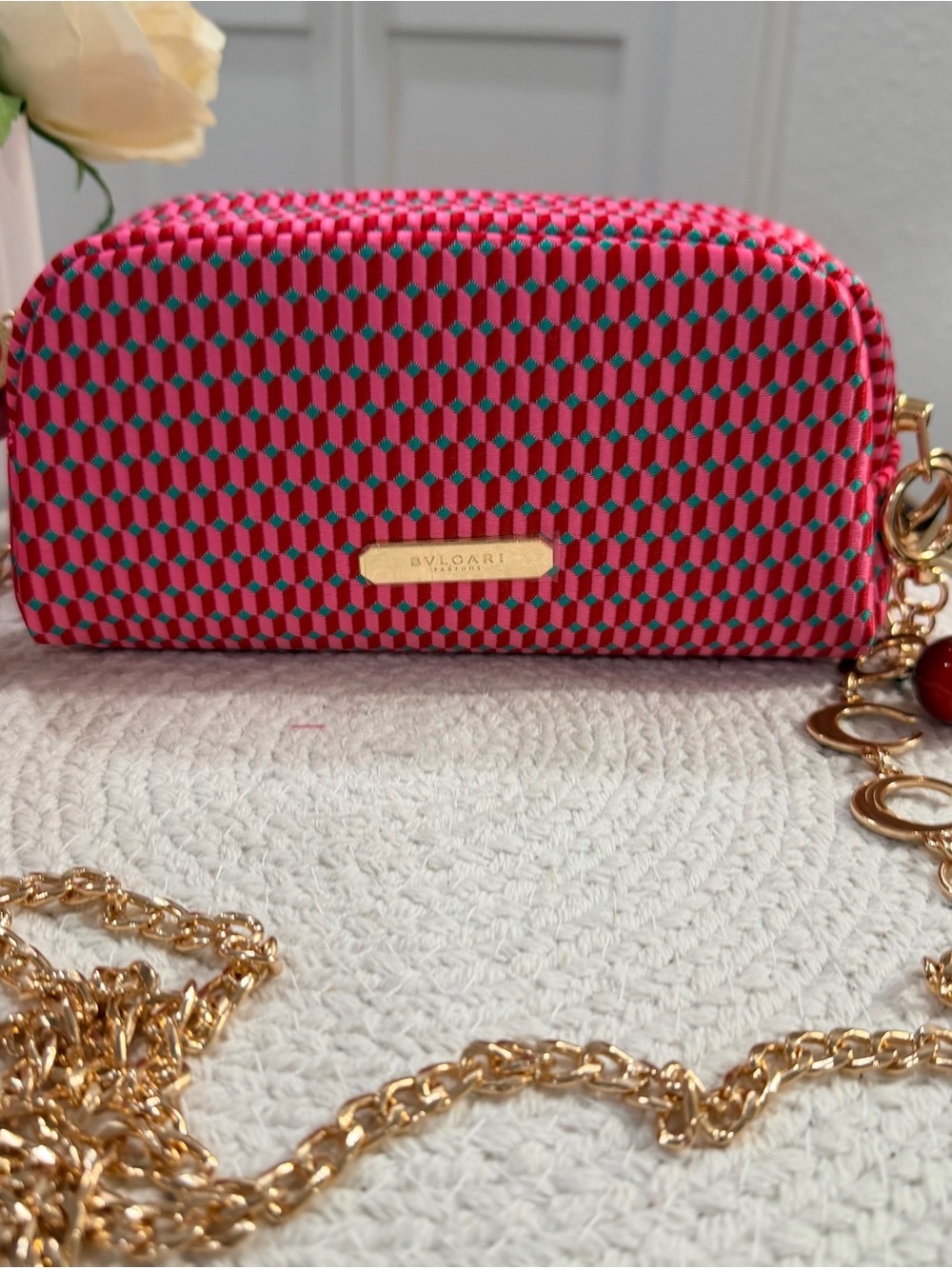 New - Bulgari Parfume Pink Geo-Print Cosmetic Crossbody+ Gold Chain/Cherry Charm
